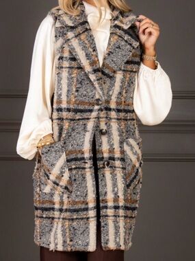 Tribal Bouclé Plaid Vest in Gray, Cream & Brown